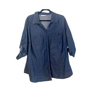 Ladies Blue Denim Button Up Shirt-3/4 Sleeve-Pocket-Plus Size 2X St.Johns Bay